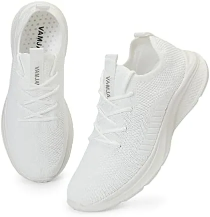 vamjam mens running shoes fashion sneakers lightweight breathable flying knitting lace up mesh walking shoes workout casual sports shoes white size 95